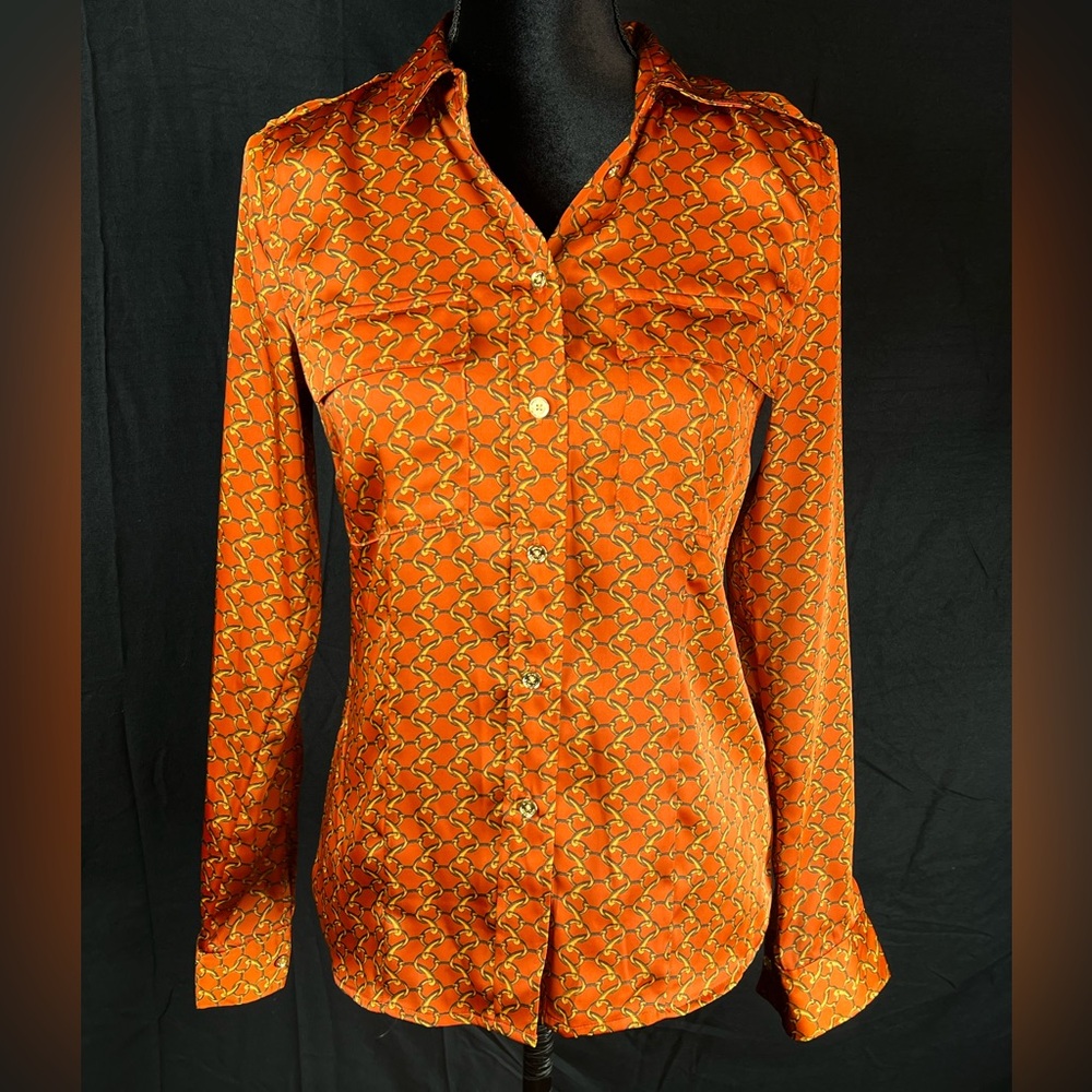 MICHAEL Michael Kors Orange Spice Gold Chain Patterned Button Down Shirt | Small
